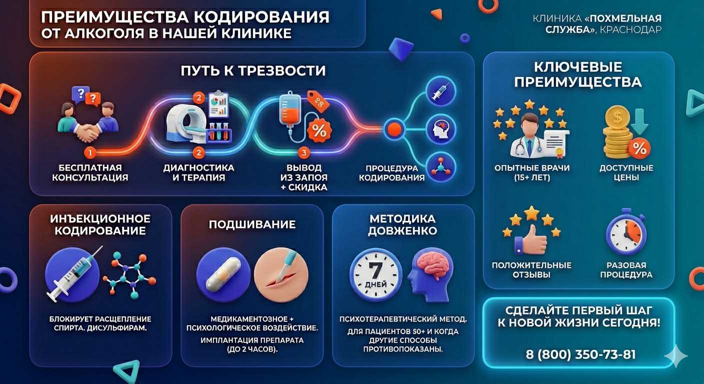 Инфографика о методах кодирования от алкоголя в Павловском Посаде: инъекции, подшивание, метод Довженко. Преимущества клиники и этапы лечения.