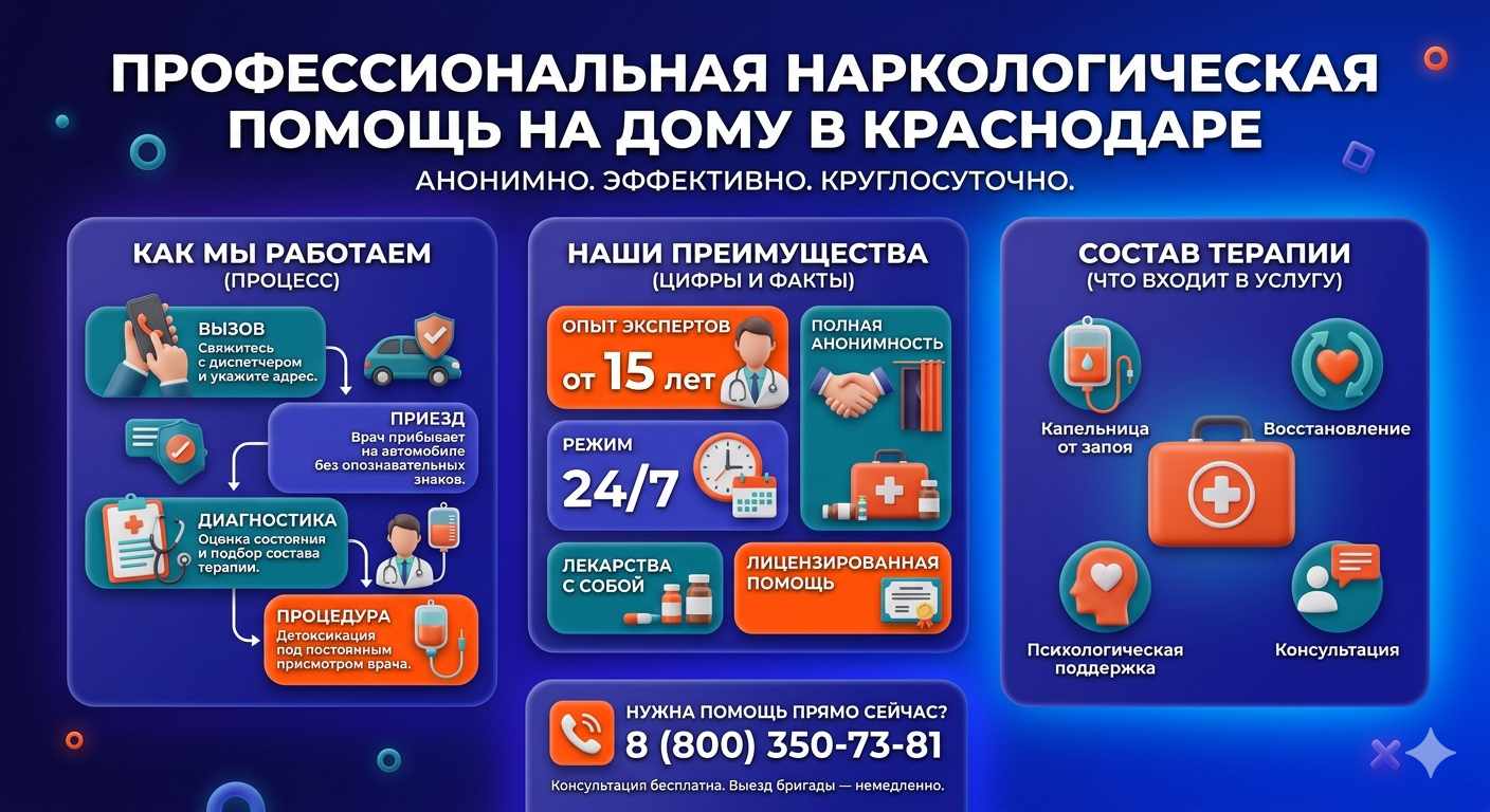 Инфографика о принципах лечения алкоголизма на дому в Павловском Посаде: этапы вызова нарколога, преимущества анонимной детоксикации и состав медицинской помощи.